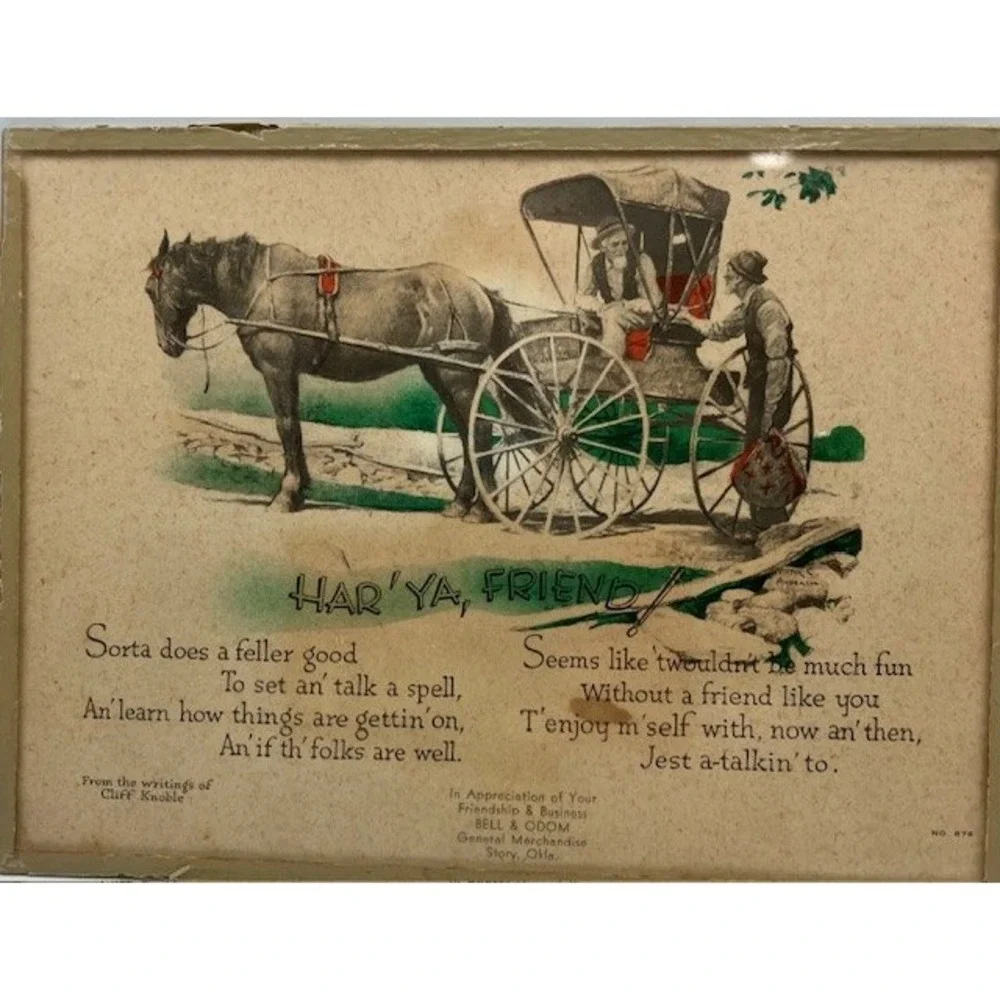 Vintage 1947 Framed Print Har'Ya Friend Horse & Cart Advertising Piece Story, OK